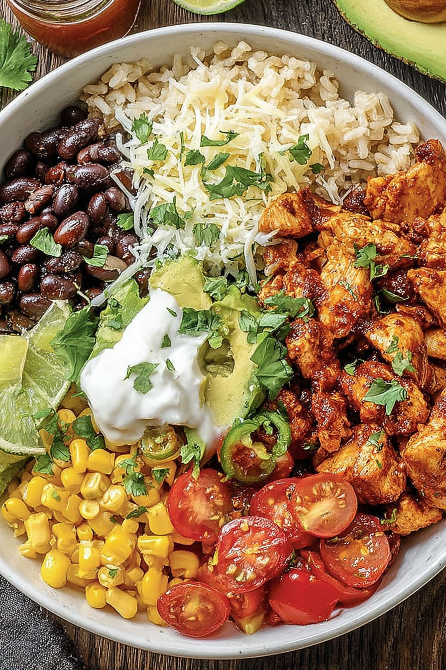 A bowl of food with chicken, rice, beans, and tomatoes.