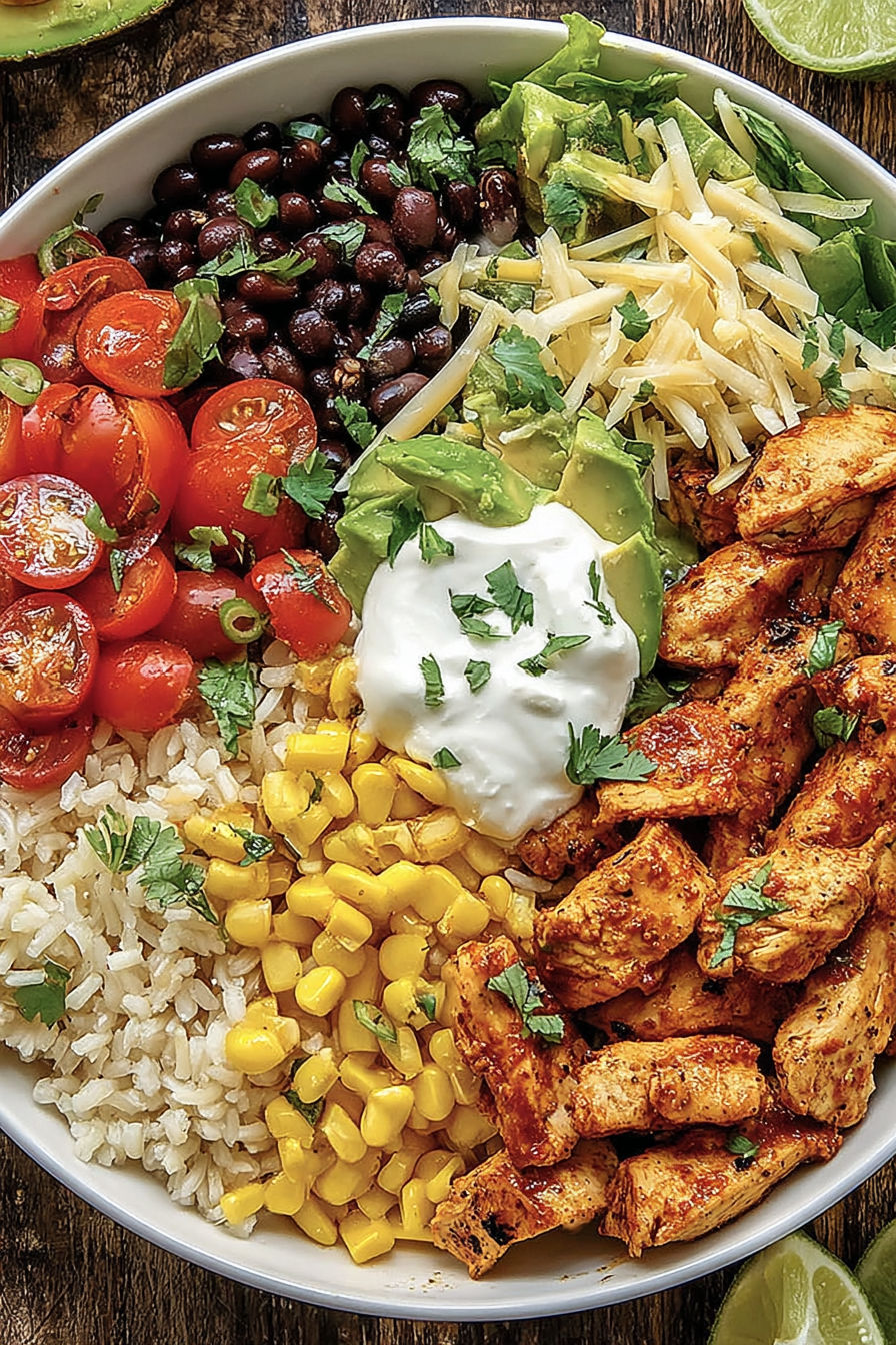 A bowl of food with rice, tomatoes, corn, beans, and chicken.