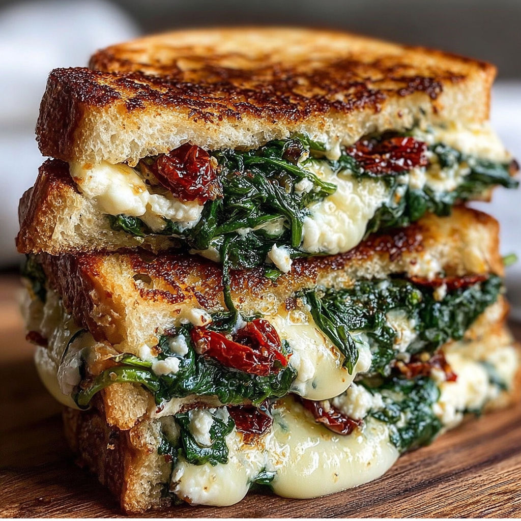A stack of grilled cheese sandwiches with spinach.