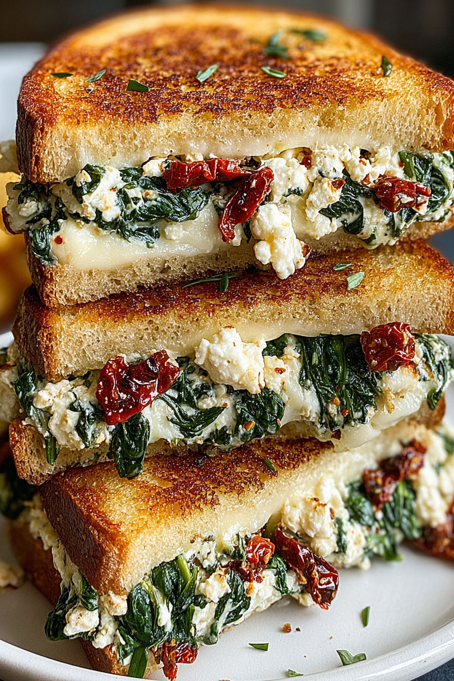 A stack of grilled cheese sandwiches with spinach and red peppers.