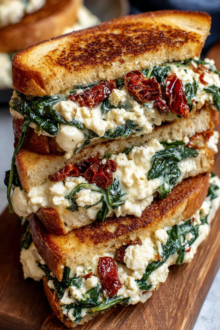 A stack of grilled cheese sandwiches with spinach.