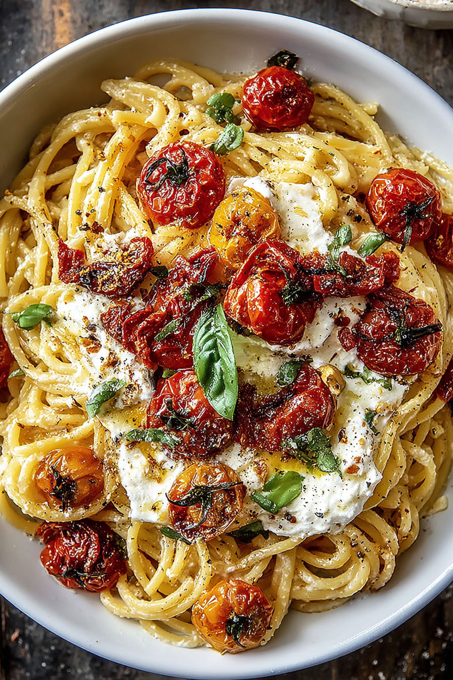 A bowl of pasta with tomatoes and cheese.