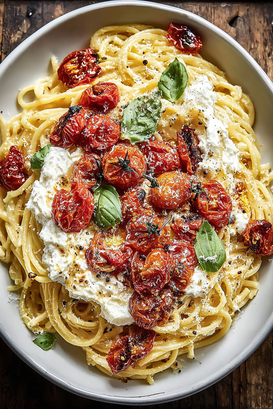 A plate of pasta with tomatoes and cheese.