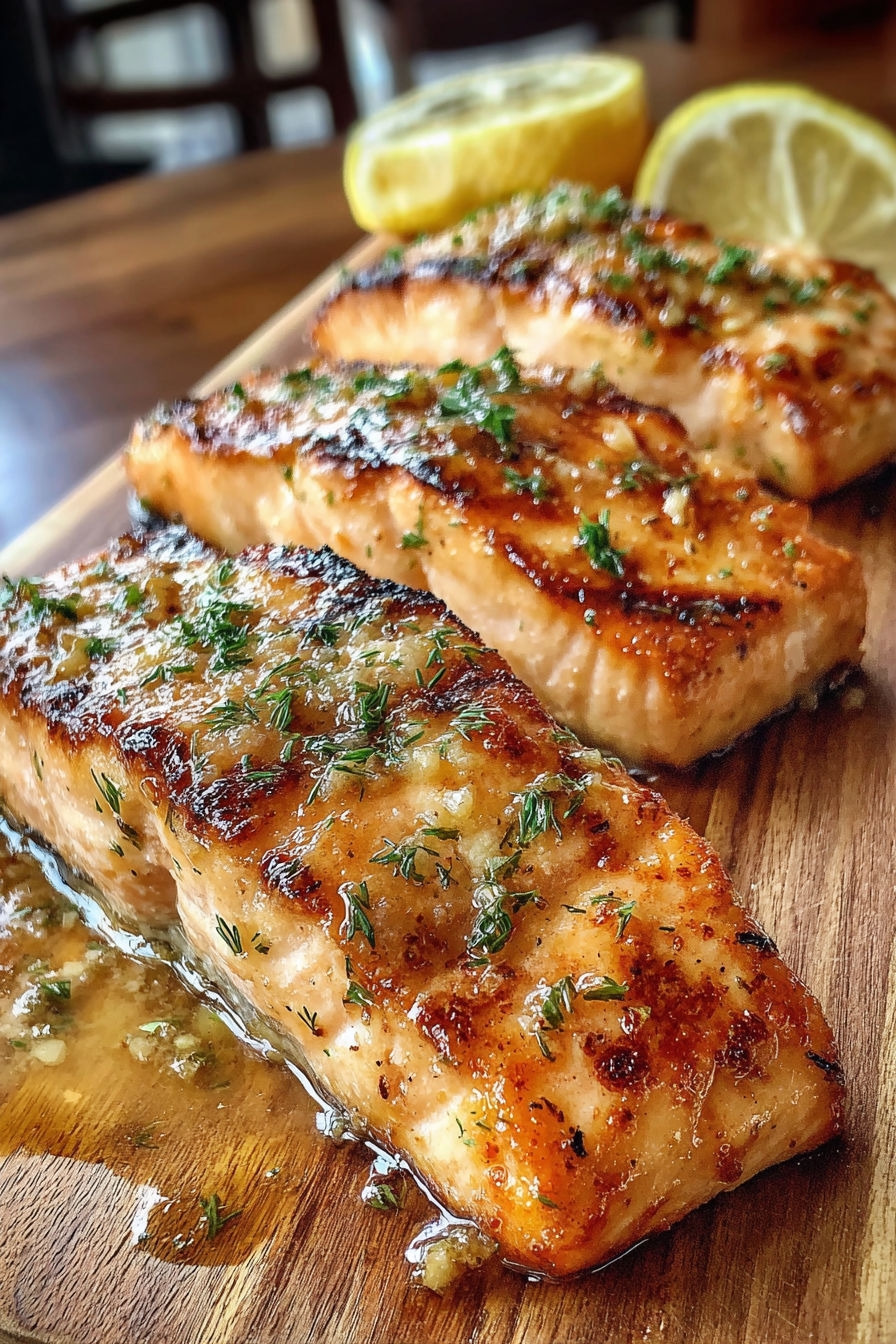 A piece of fish on a wooden cutting board.