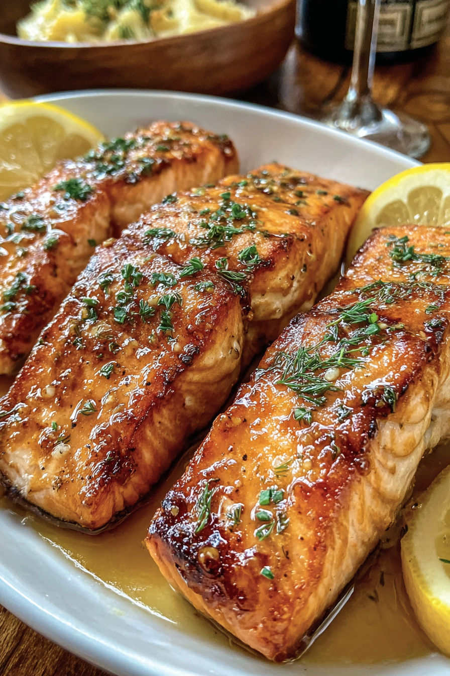 A plate of fish with lemon wedges on top.