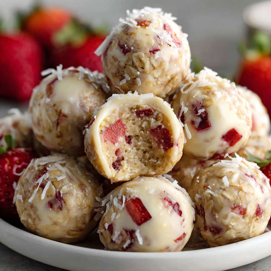 A plate of protein balls with strawberries on top.
