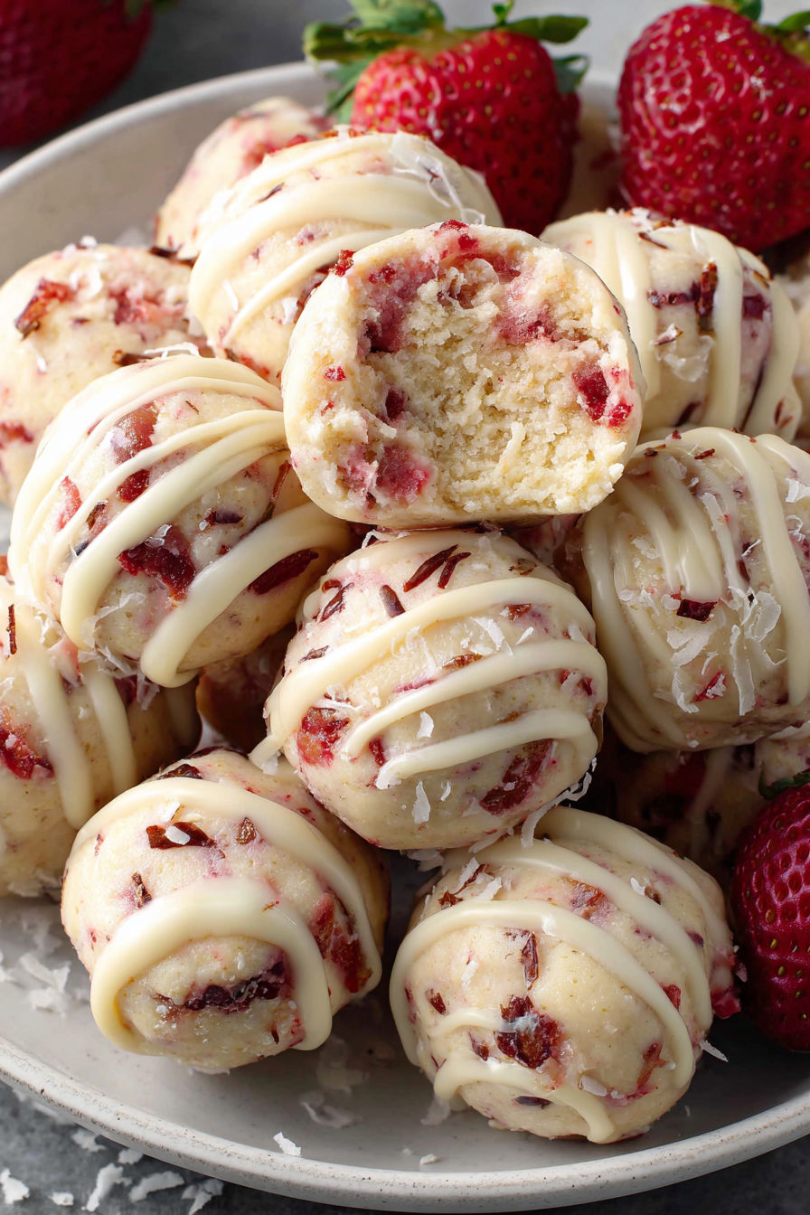 A plate of strawberry cheesecake protein balls.