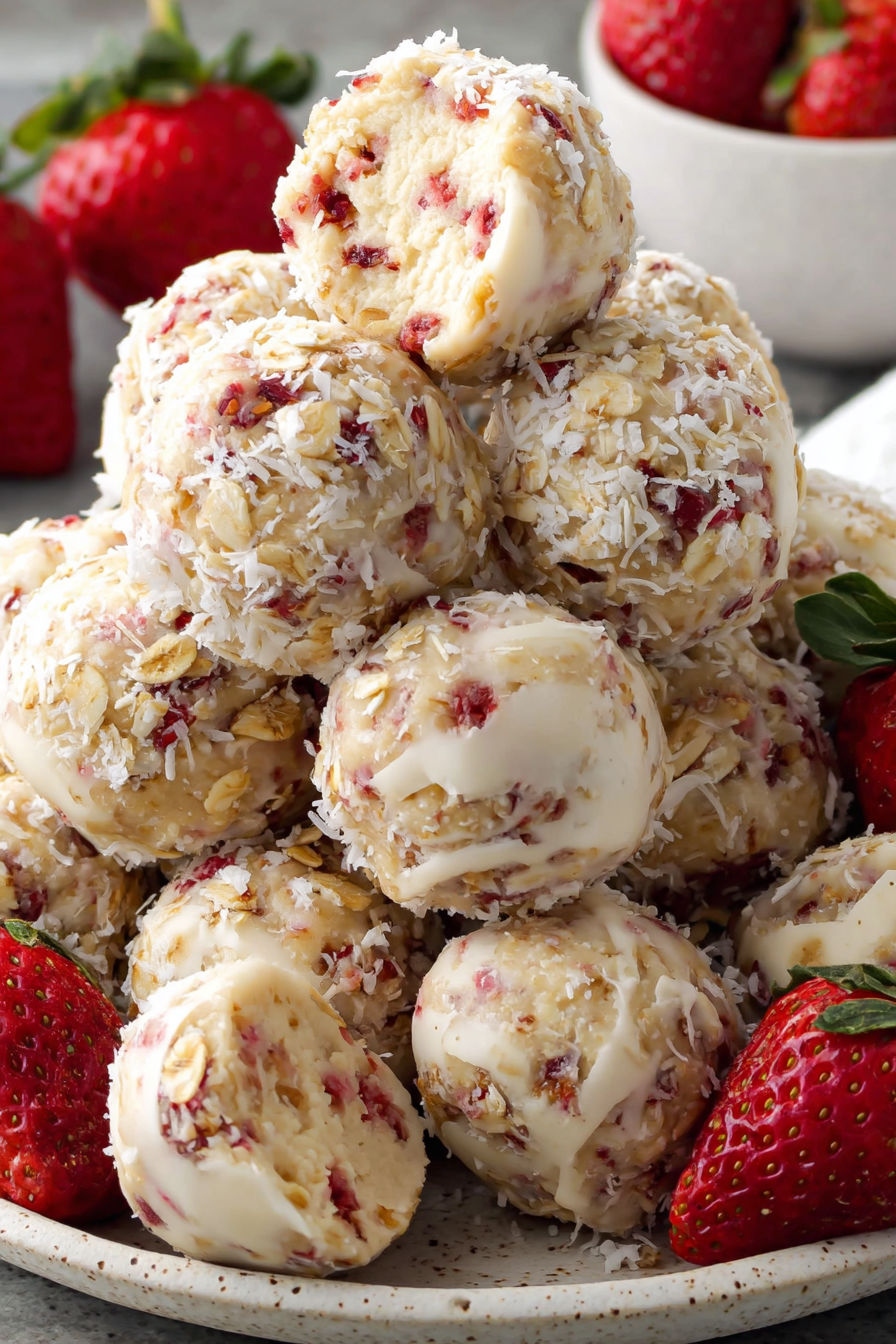 A stack of protein balls made with strawberries and cream.