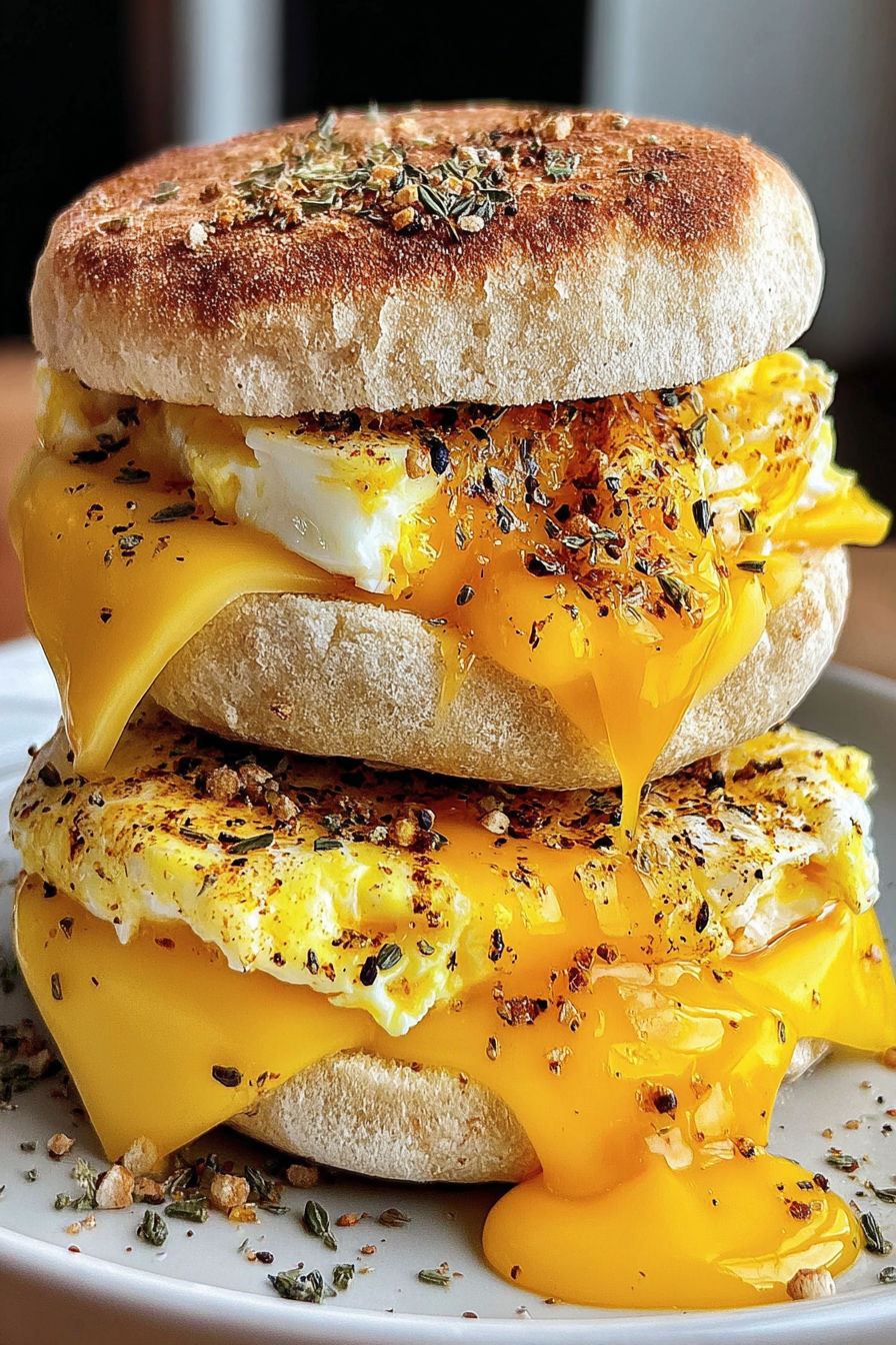 A stack of sandwiches with eggs and cheese.