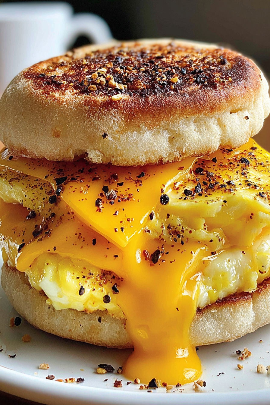 A close up of a breakfast sandwich with egg, cheese, and spices.