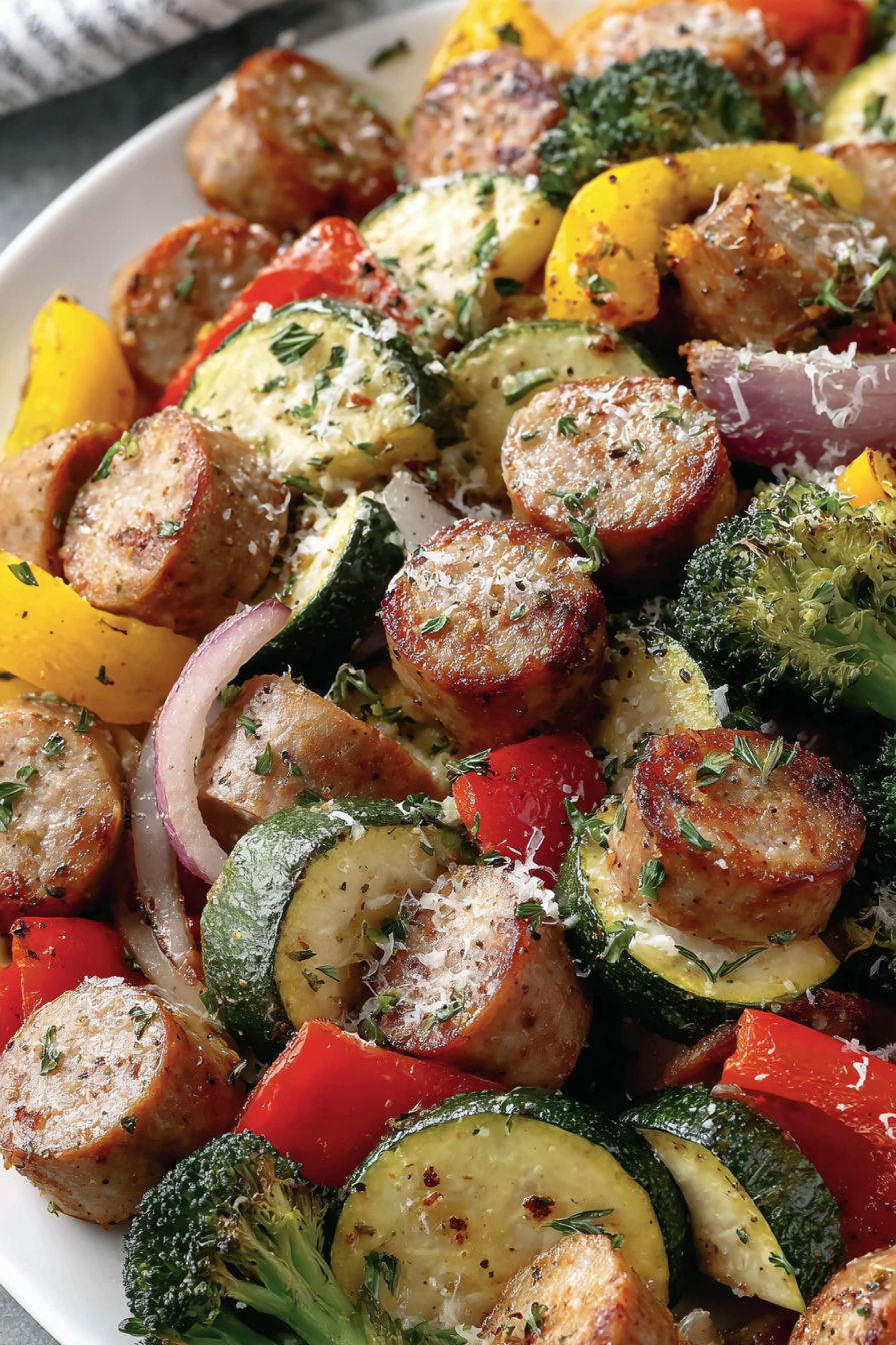 A dish of sausage and vegetables.