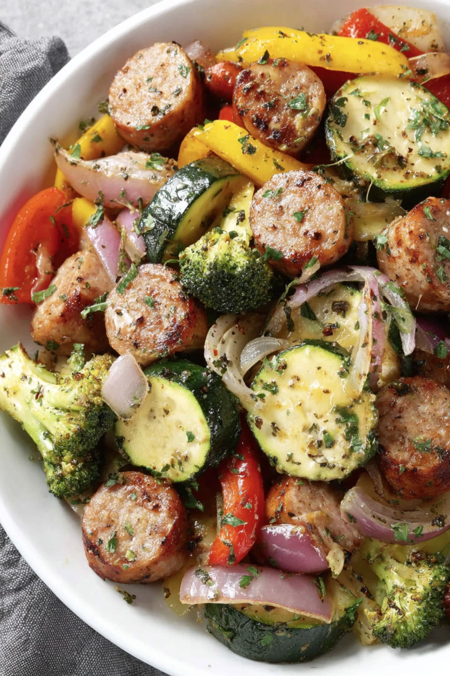 A bowl of food with sausage and vegetables.