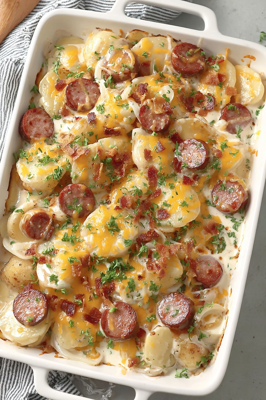 A casserole dish filled with sausage and potatoes.