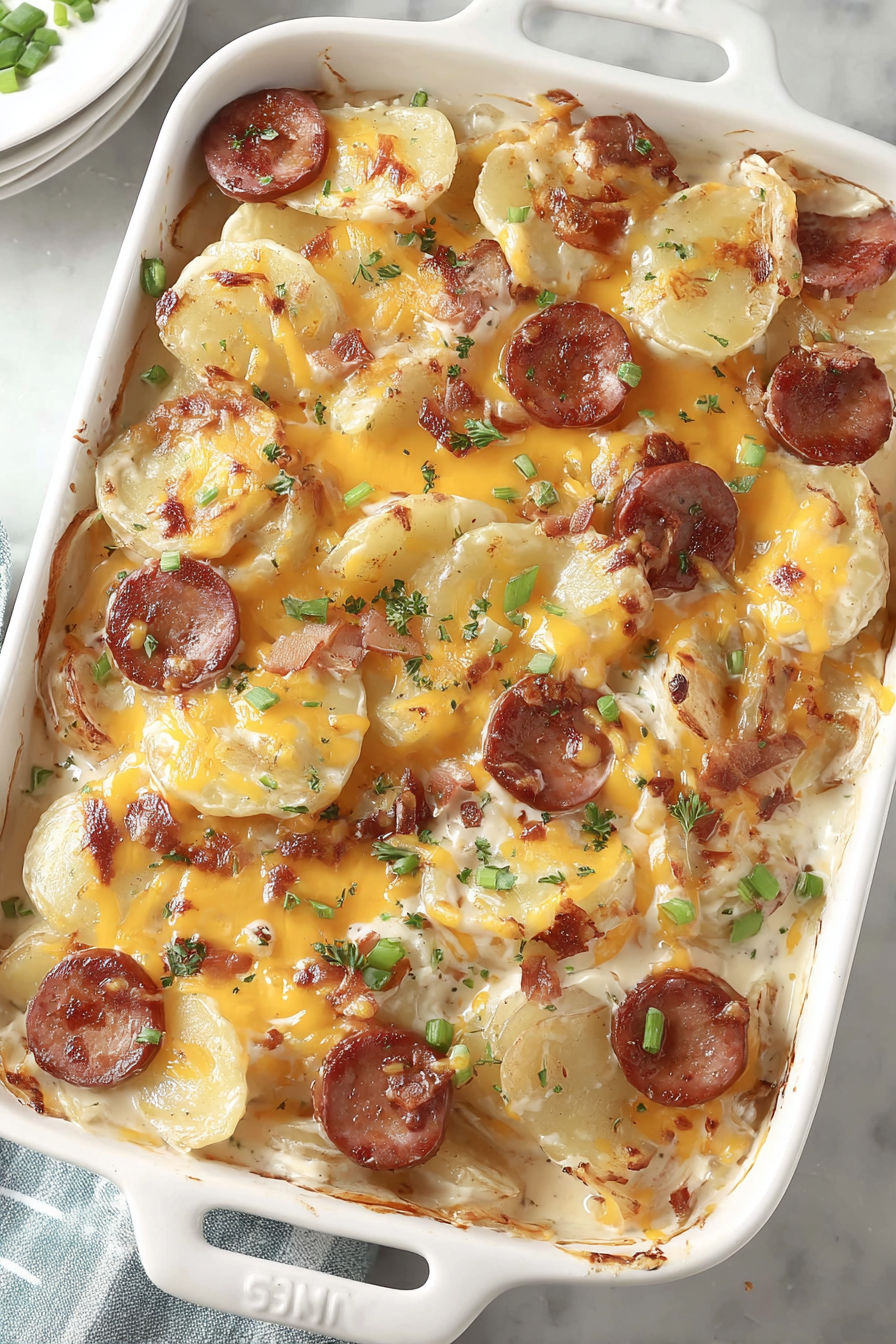 A casserole with sausage and potatoes.