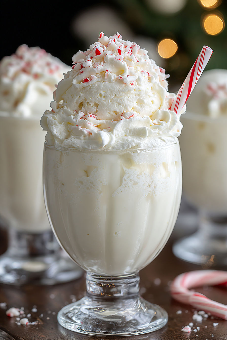 A glass of white cream with red and green stripes.