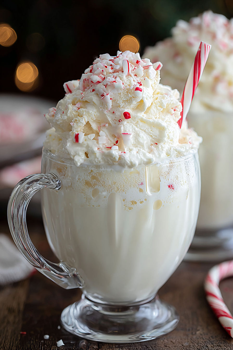 A glass of white cream with red and green toppings.