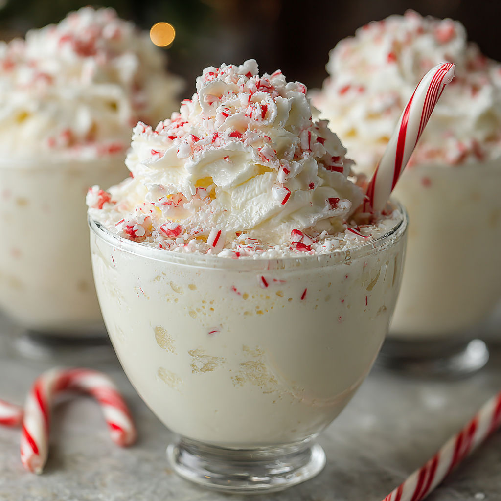 A glass of white cream with red stripes and a candy cane.