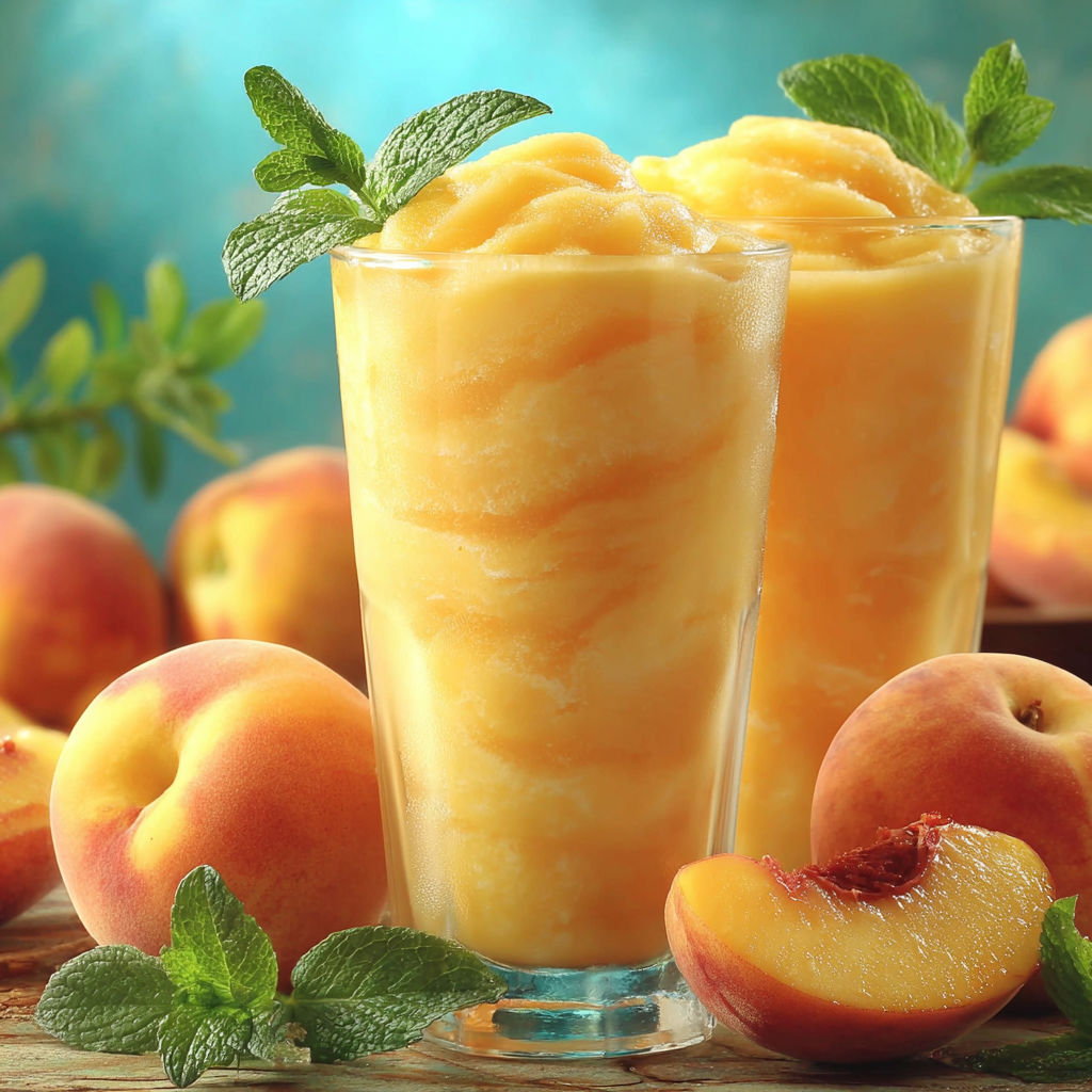 Two glasses of peach slurpee with peaches on the table.