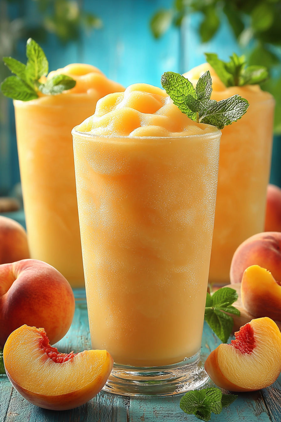 A glass of peach slurpee with a mint garnish.