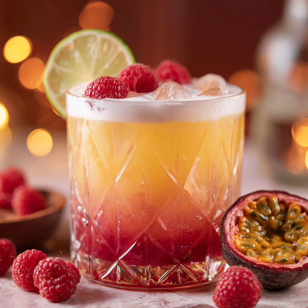 A glass of a Raspberry Passionfruit Tequila Sour.