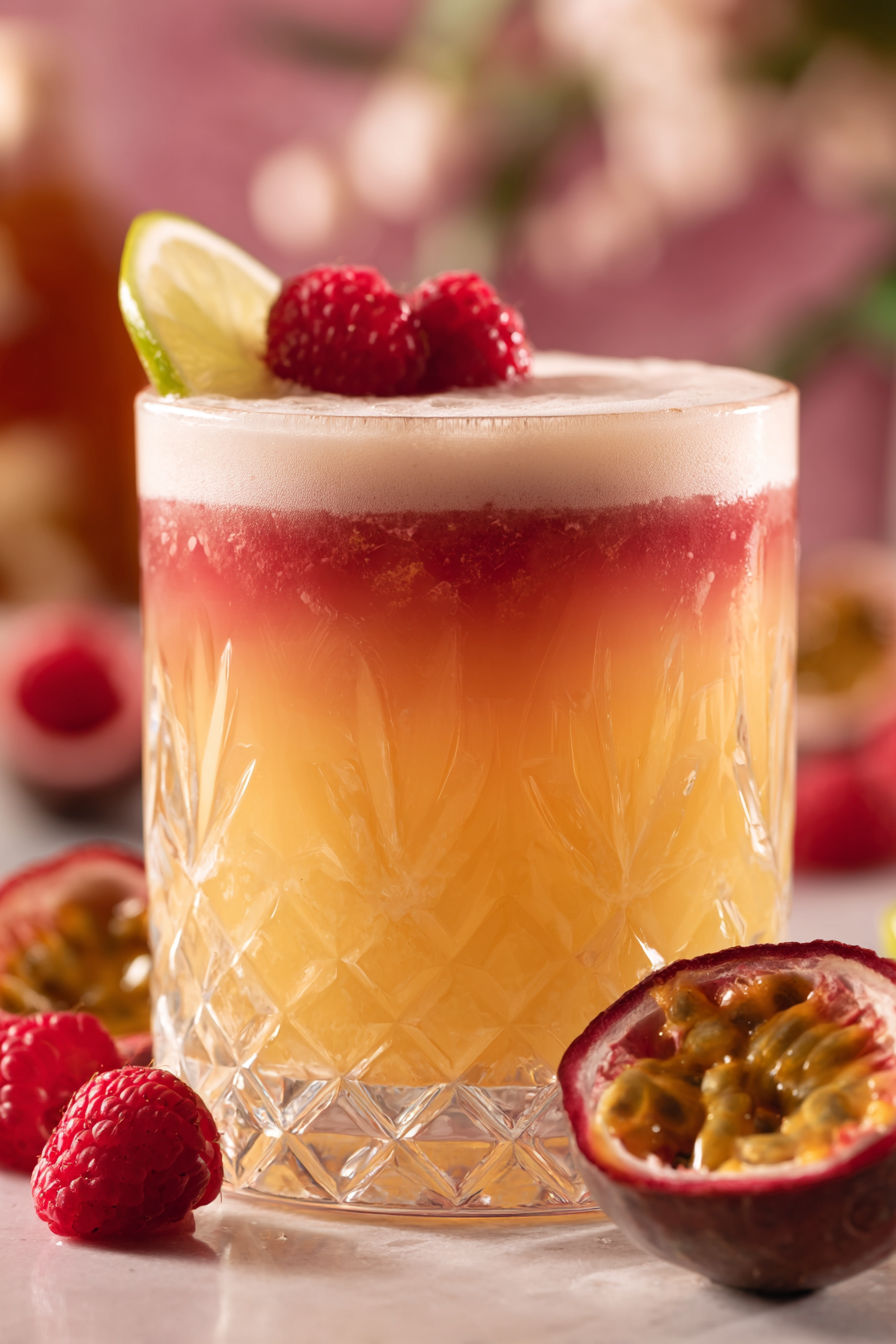 A glass of red and yellow liquid with a slice of lemon and a raspberry on top.