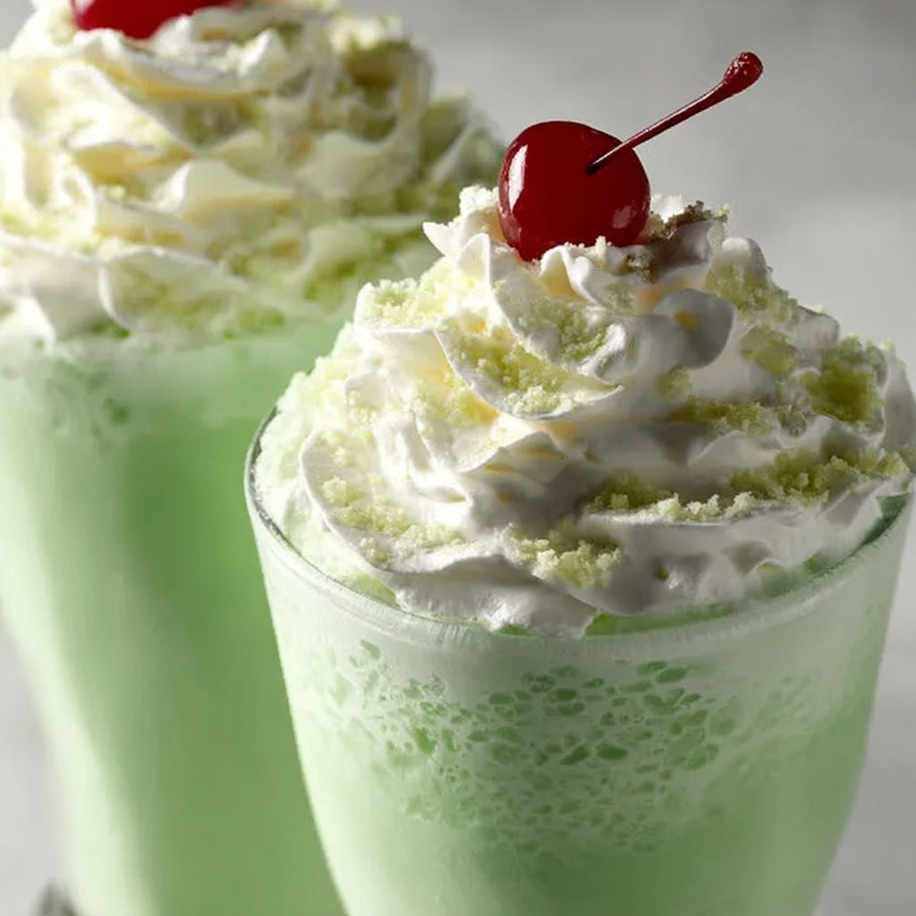 Two green shamrock shakes with whipped cream.
