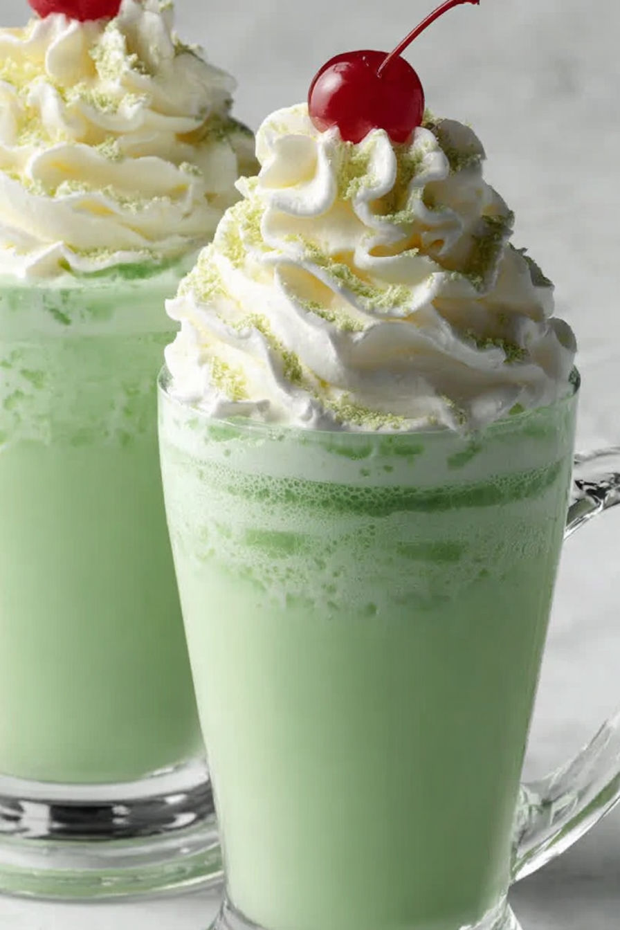A green shamrock shake with whipped cream.