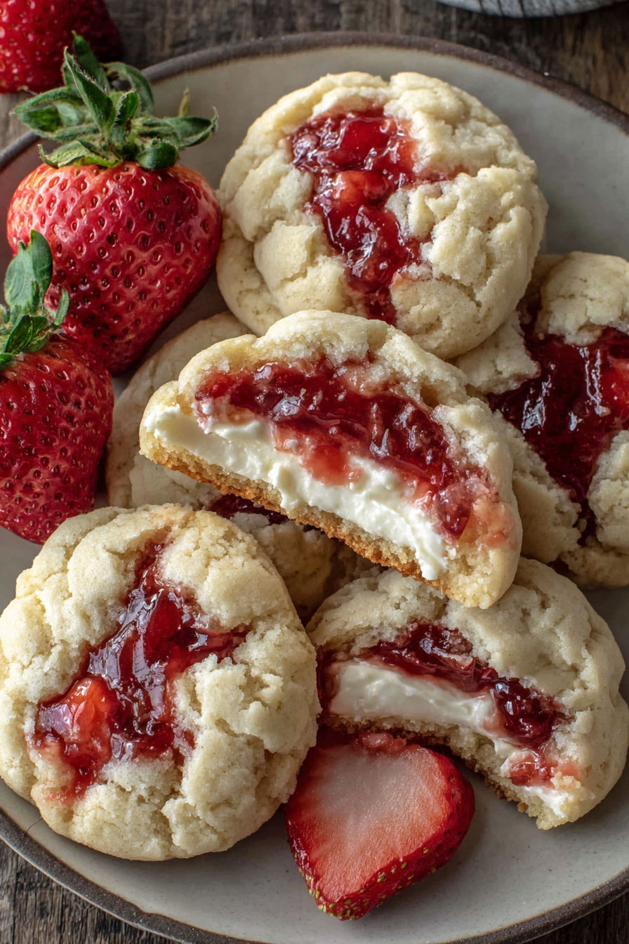 Strawberry cheesecake cookies with strawberries on top.