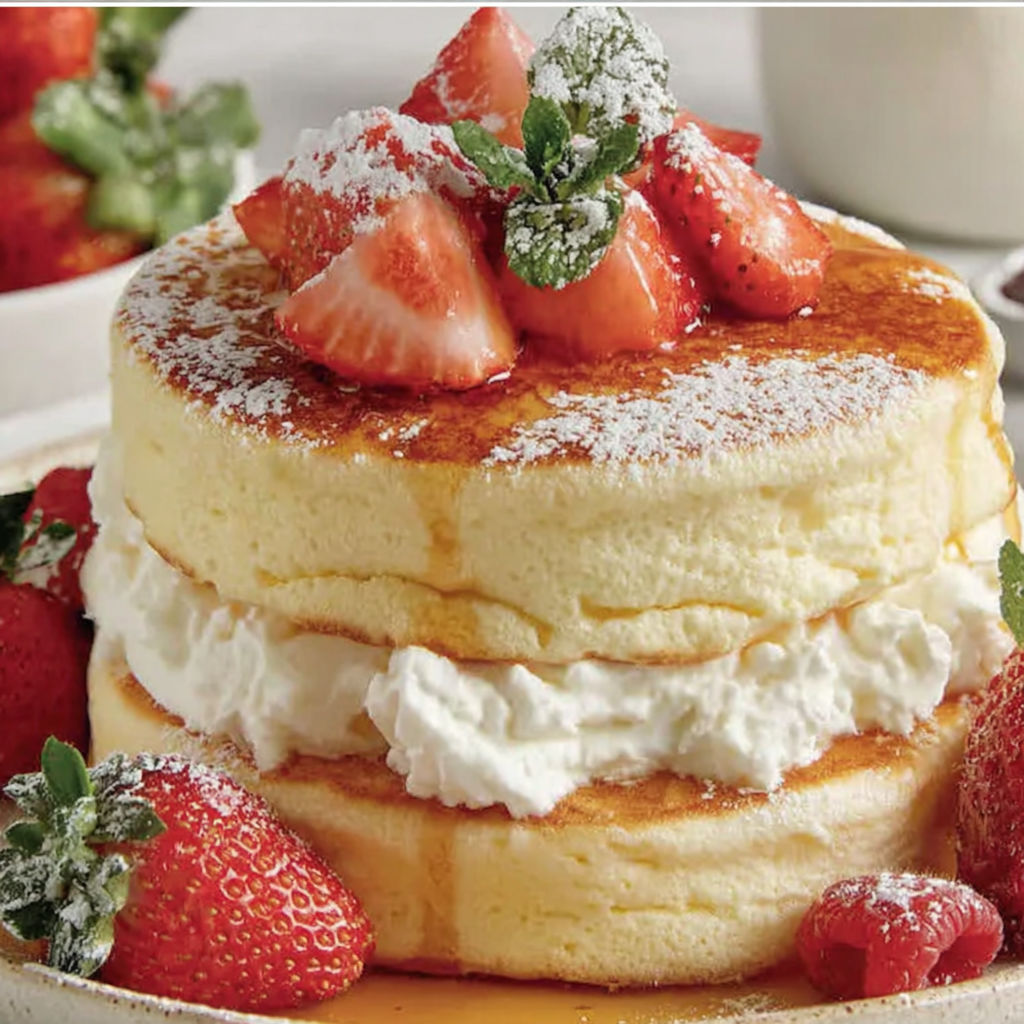 A stack of fluffy Japanese souffle pancakes with strawberries on top.