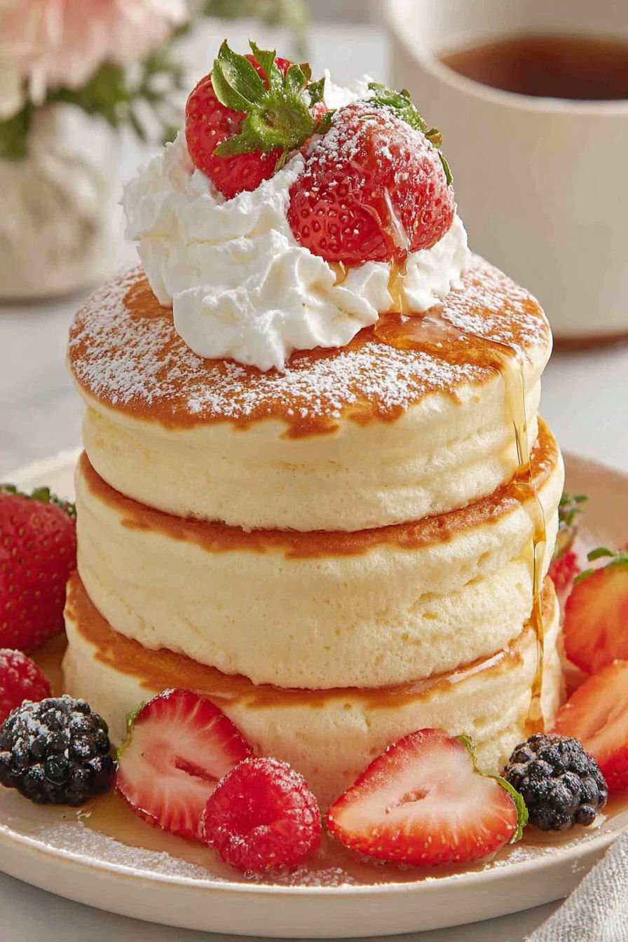 A stack of fluffy Japanese souffle pancakes.