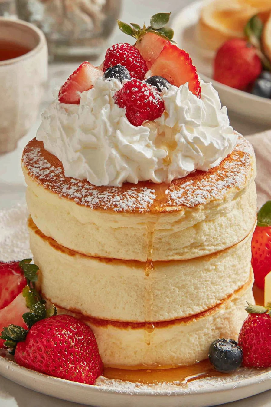 A stack of fluffy Japanese souffle pancakes with whipped cream and strawberries.