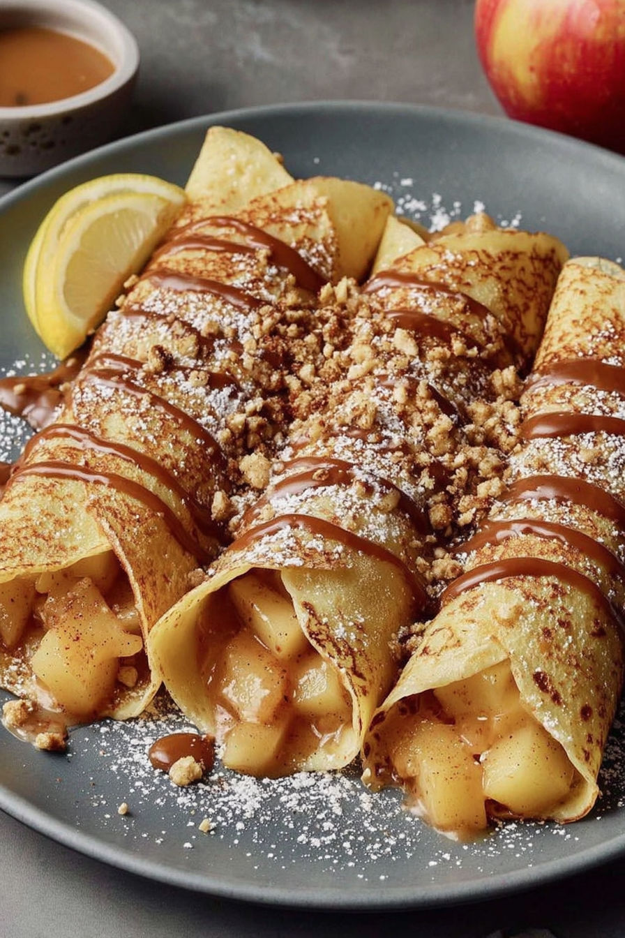 A plate of apple cinnamon crepes with chocolate drizzle.