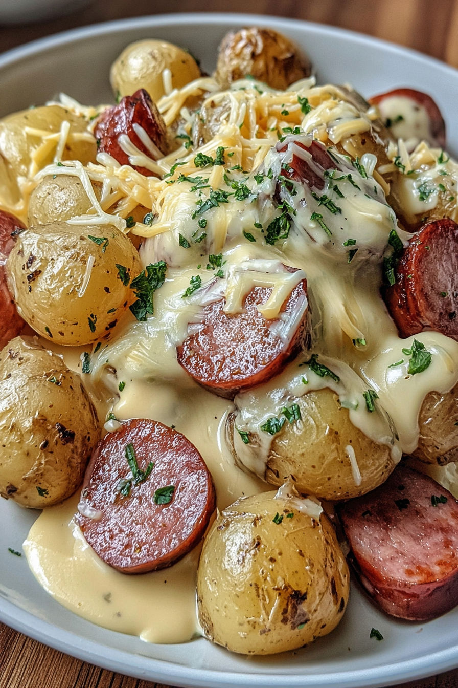 A plate of cheesy ranch potatoes and smoked sausage.