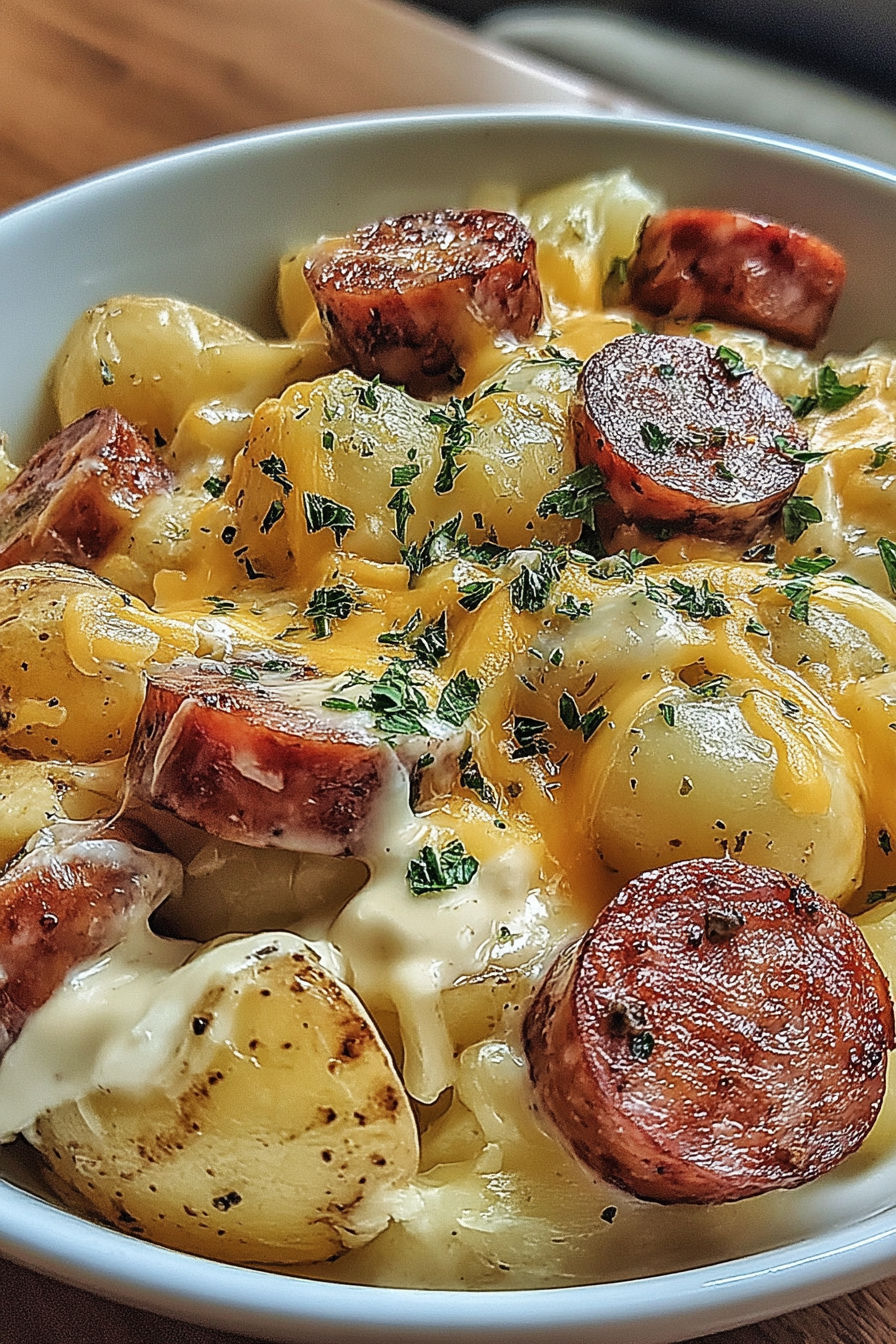 A plate of cheesy ranch potatoes and smoked sausage.