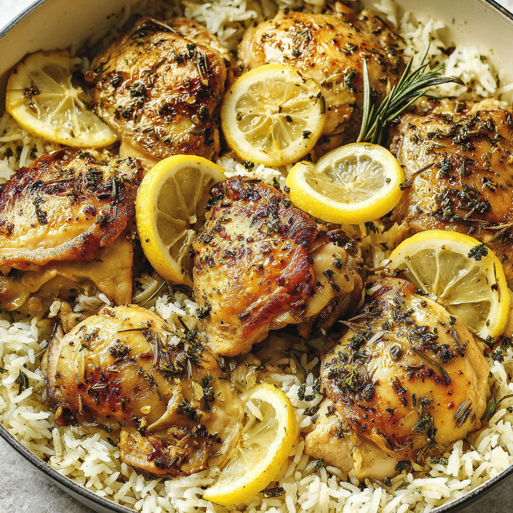 A plate of chicken and rice with lemon and herbs.