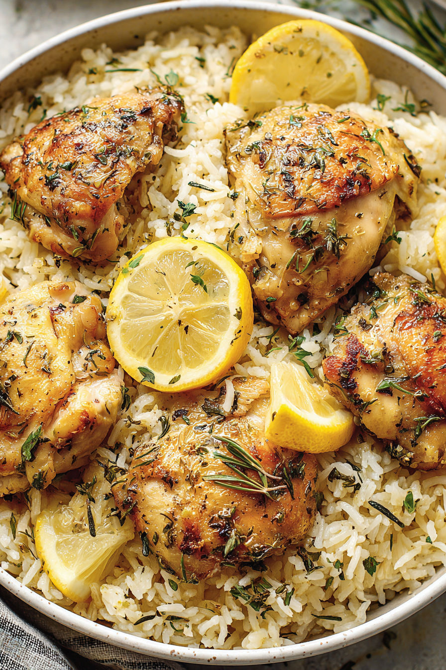 A close up of a piece of chicken with lemon and herbs.
