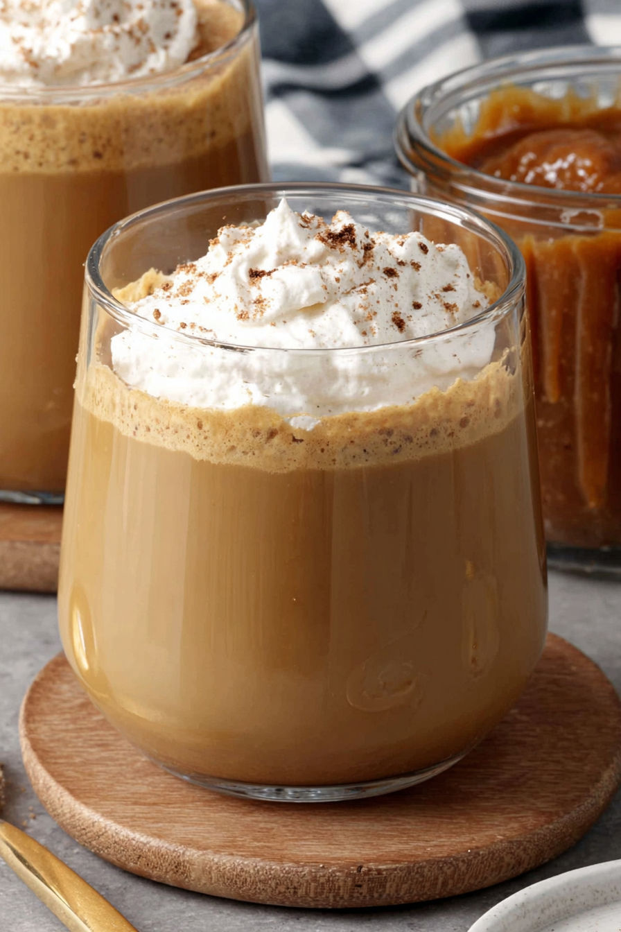 A glass of vanilla pumpkin marshmallow coffee syrup.