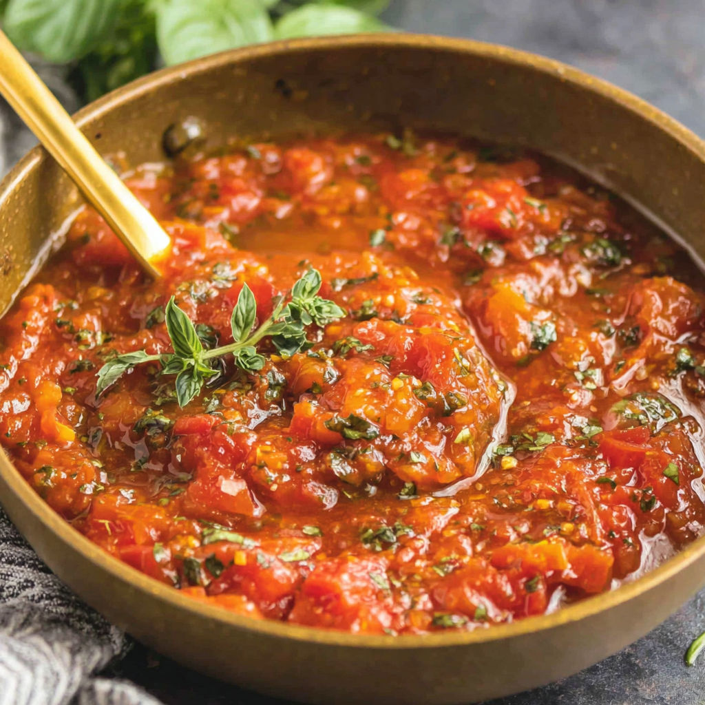 A bowl of tomato sauce with a wooden spoon in it.