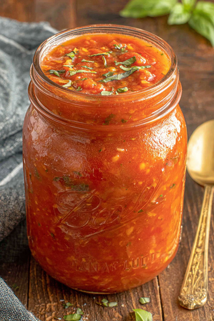 A jar of pomodoro sauce with a spoon in it.