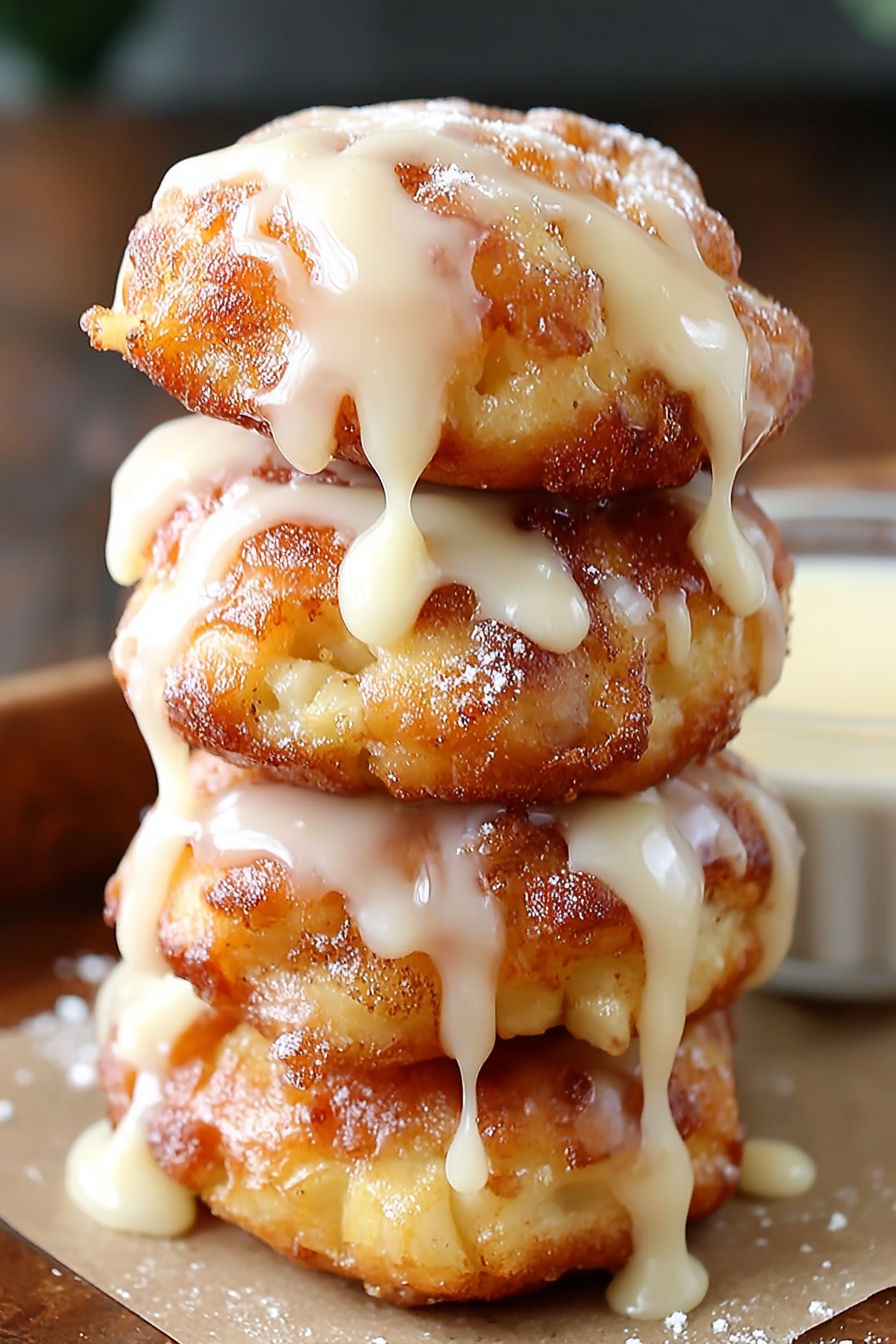 A stack of apple fritter bites with icing drizzled on top.