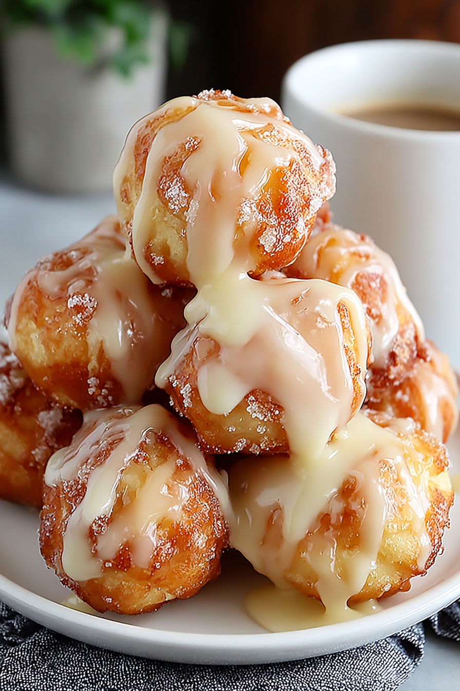 A stack of apple fritter bites with glaze drizzled on top.