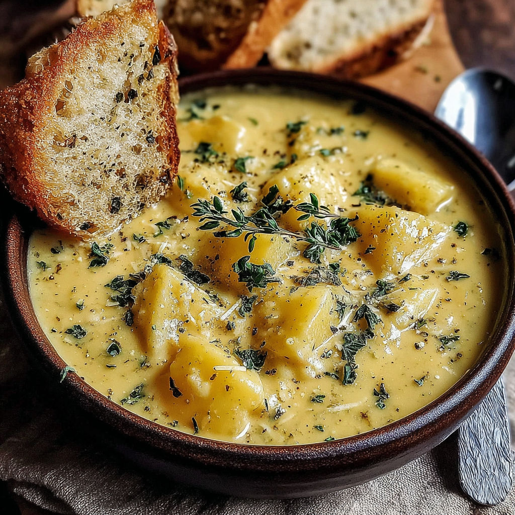 A bowl of soup with a slice of bread on top.