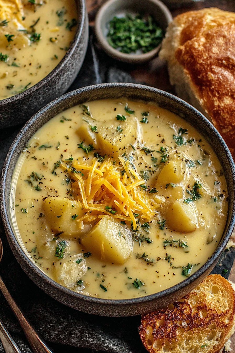 A bowl of soup with cheese and herbs on top.