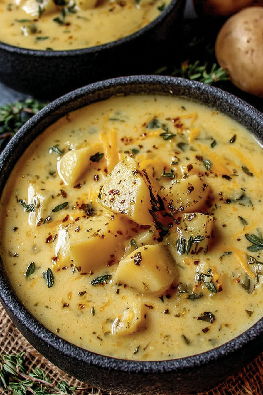 A bowl of soup with a spoon in it.