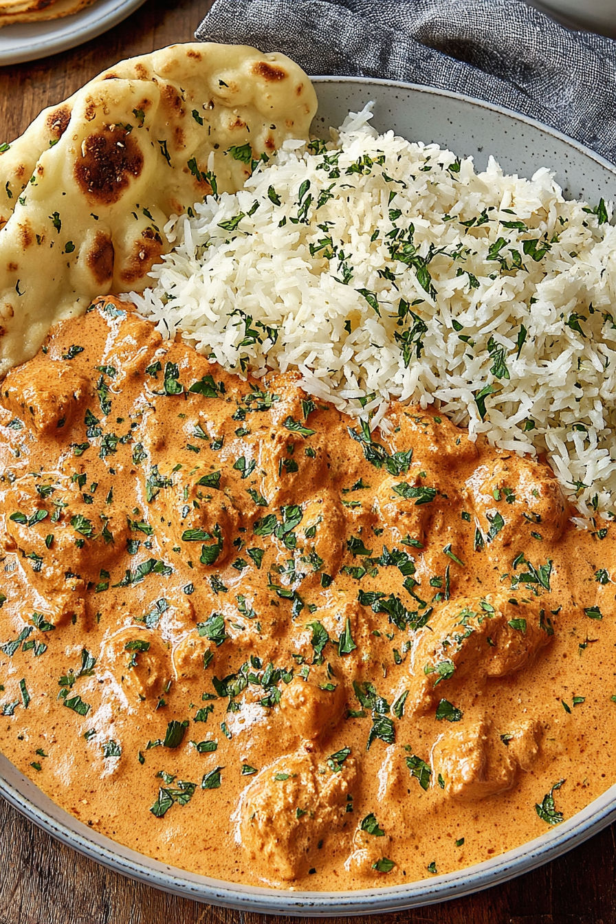 A plate of food with rice and butter chicken.