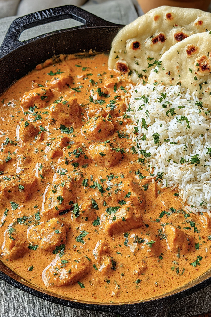 A bowl of butter chicken with rice.