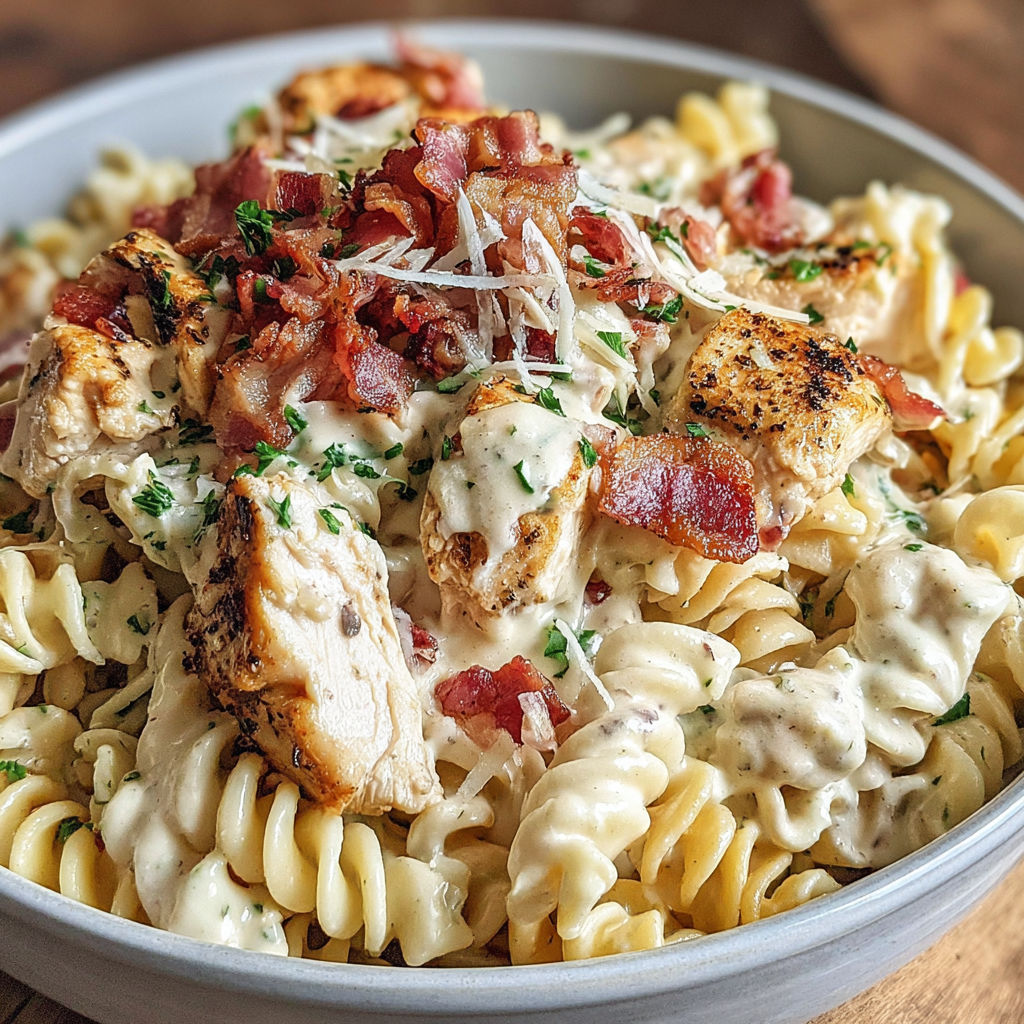 A bowl of creamy chicken bacon ranch pasta.