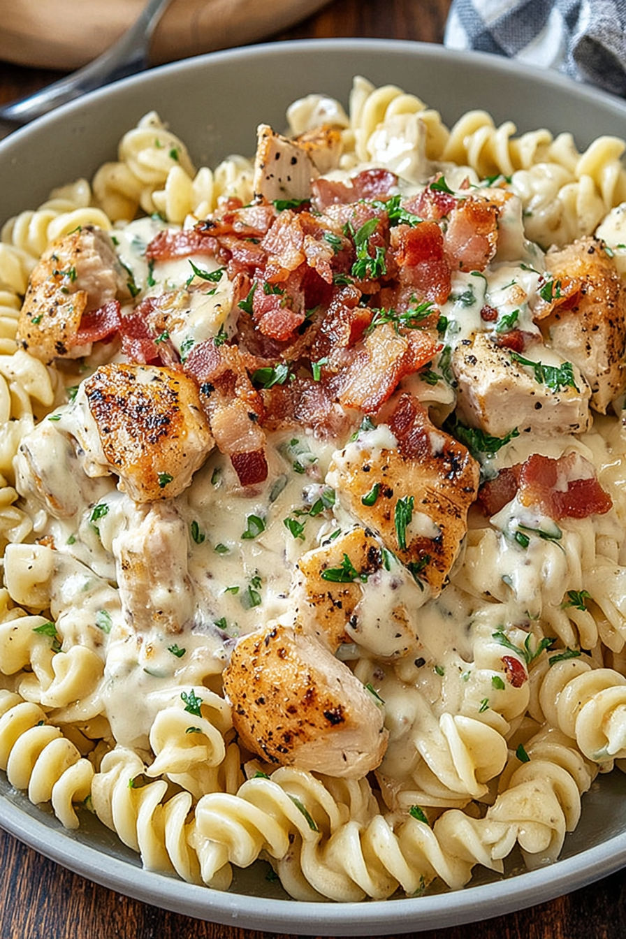 A dish of creamy chicken bacon ranch pasta.