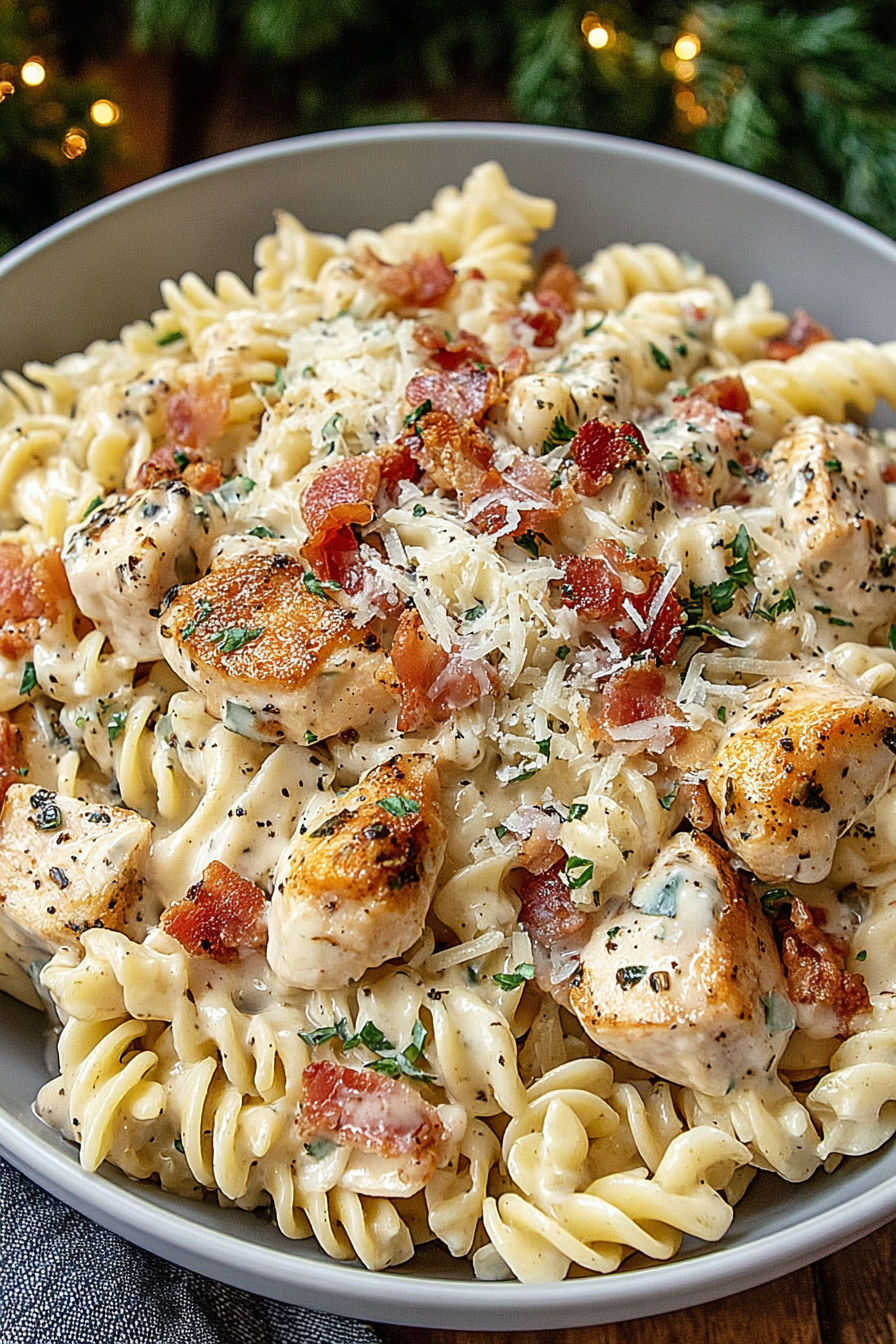 A bowl of creamy chicken bacon ranch pasta.