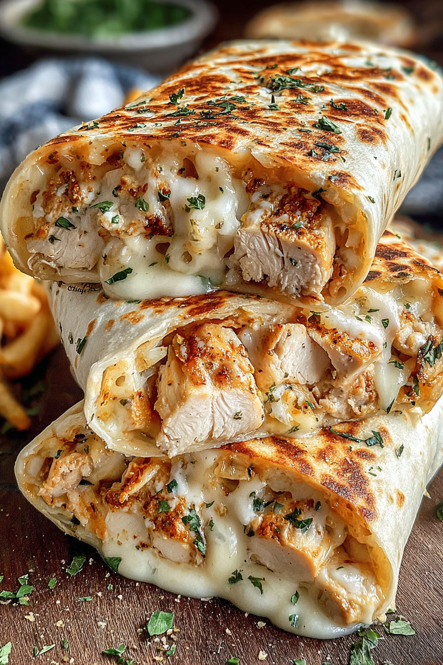 A close up of a cheesy garlic chicken wrap.